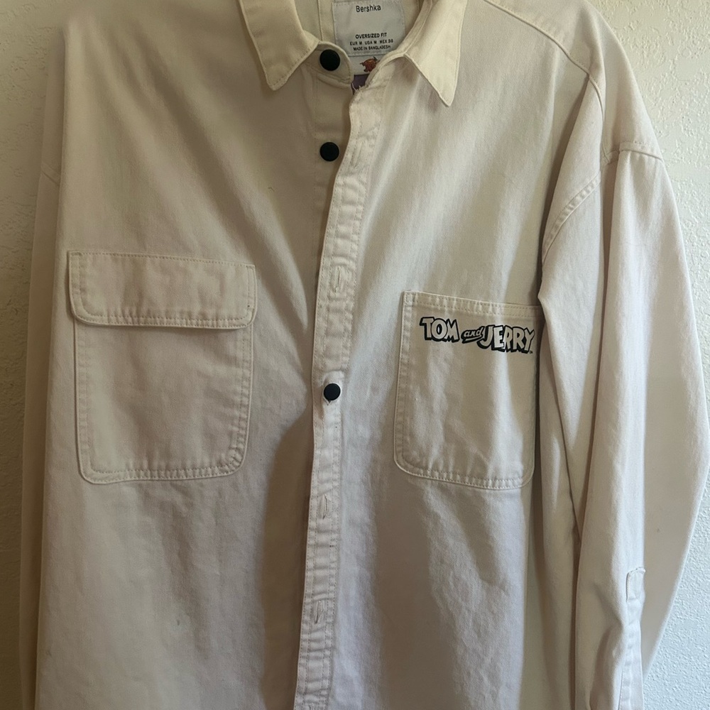 Bershka Cream Graphic Button Down Shirt
